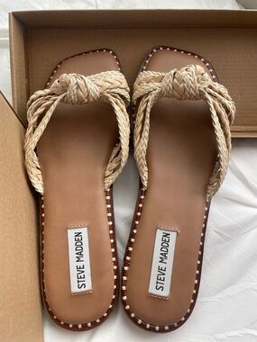 Steve Madden Wilmah Tan Braided Knot Slide Sandals